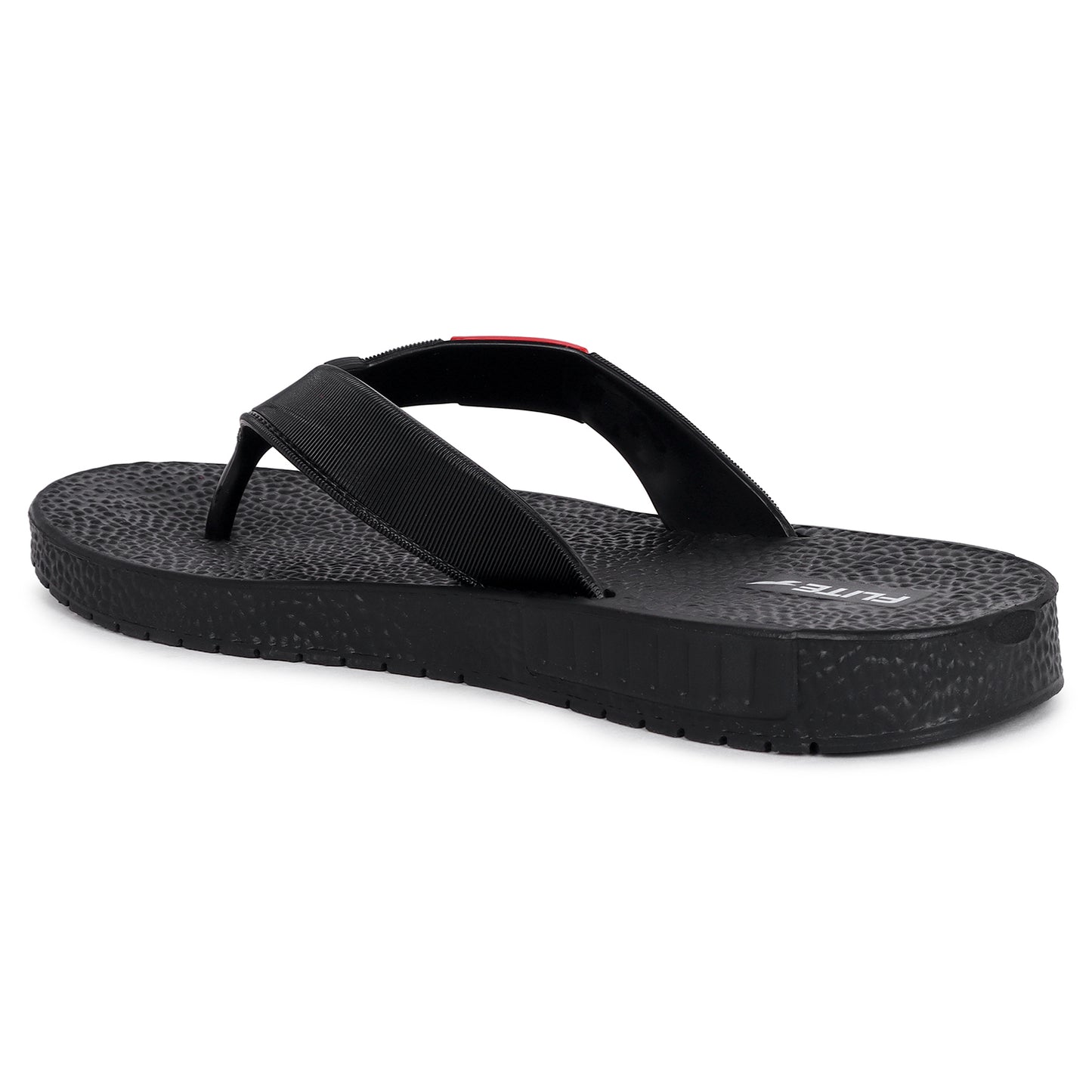 Black slippers for men available with red logo appear on it. Side sticker is of red also and it is very affordable to wear and also comfortable. Side image from back