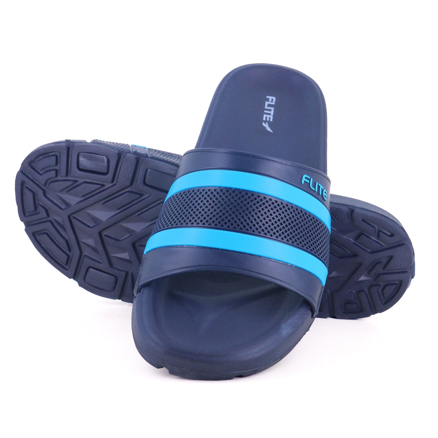 one on one image of flite front and back flite navy blue flite left side full detailed Flite navy blue slide slippers for men