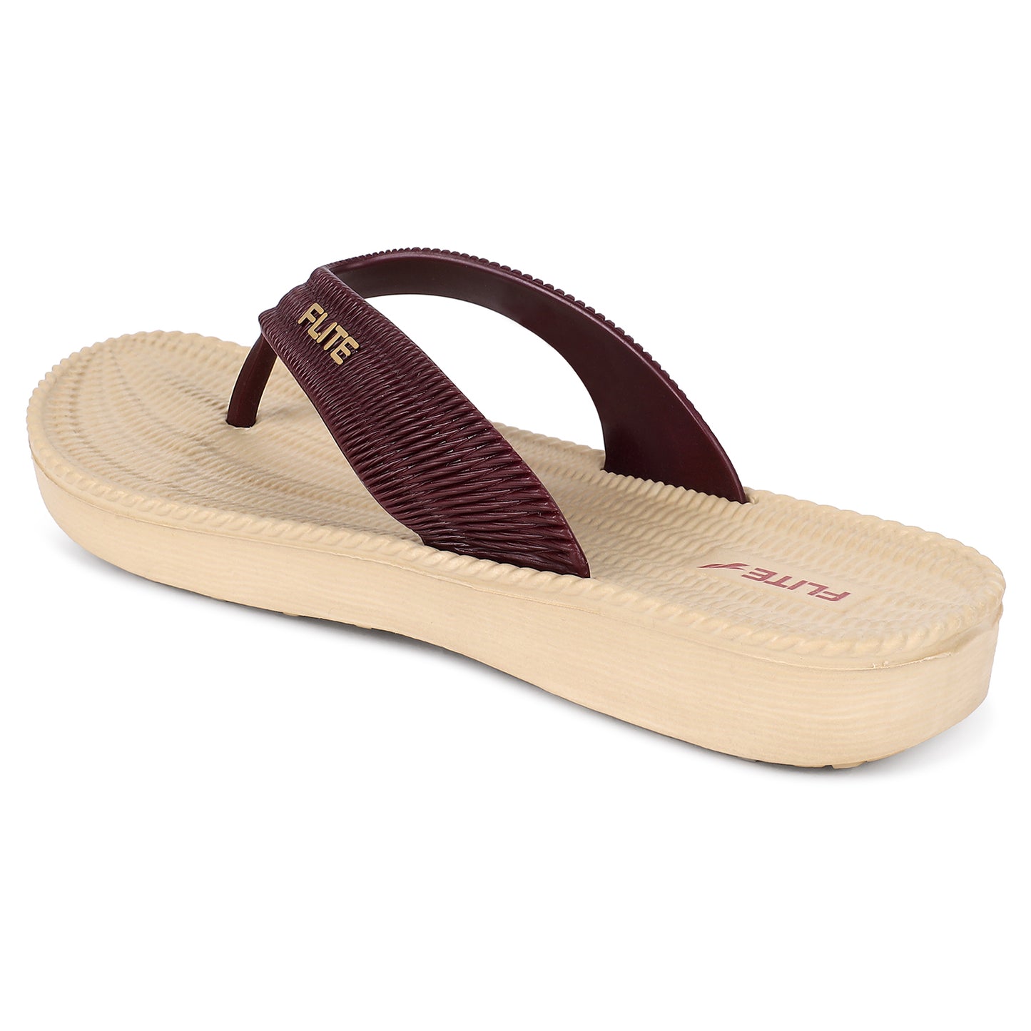 From back side left side zoom Image of Flite Flip Flops For Women Slippers with brown strip on it. With white background the flip flop or slippers looks good like never before.