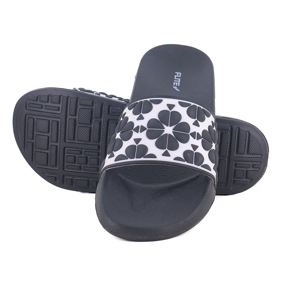 Flite one above one front and back image of flite, Black and White Slides For Ladies with white background.