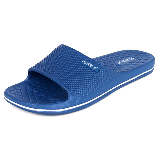 Attractive image of Slides For Men Blue with Flite logo appear on the bottom and the strip with white background comfortable to wear with cushioning. 