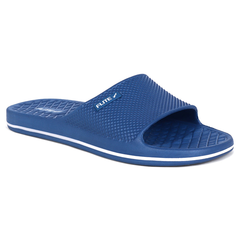 front side zoom image of Blue slippers for men up and down with white flite logo available on above with white background with clear image and visibility. 