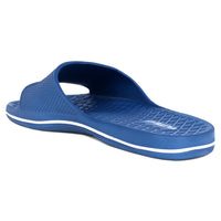 Back side zoom image of backside from left Blue slippers for men up and down with white flite logo available on above with white background with clear image and visibility. 