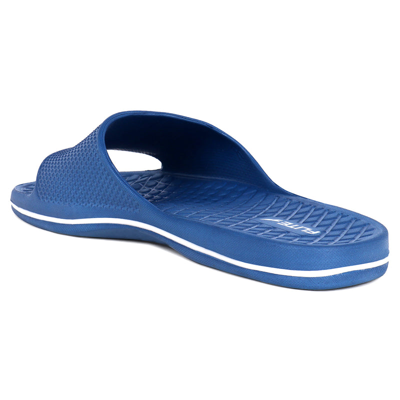 Back side zoom image of backside from left Blue slippers for men up and down with white flite logo available on above with white background with clear image and visibility. 