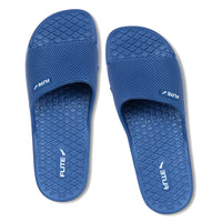 One by One flite slippers blue with white logo appear on it. The background is white which looks good and is helpful. 