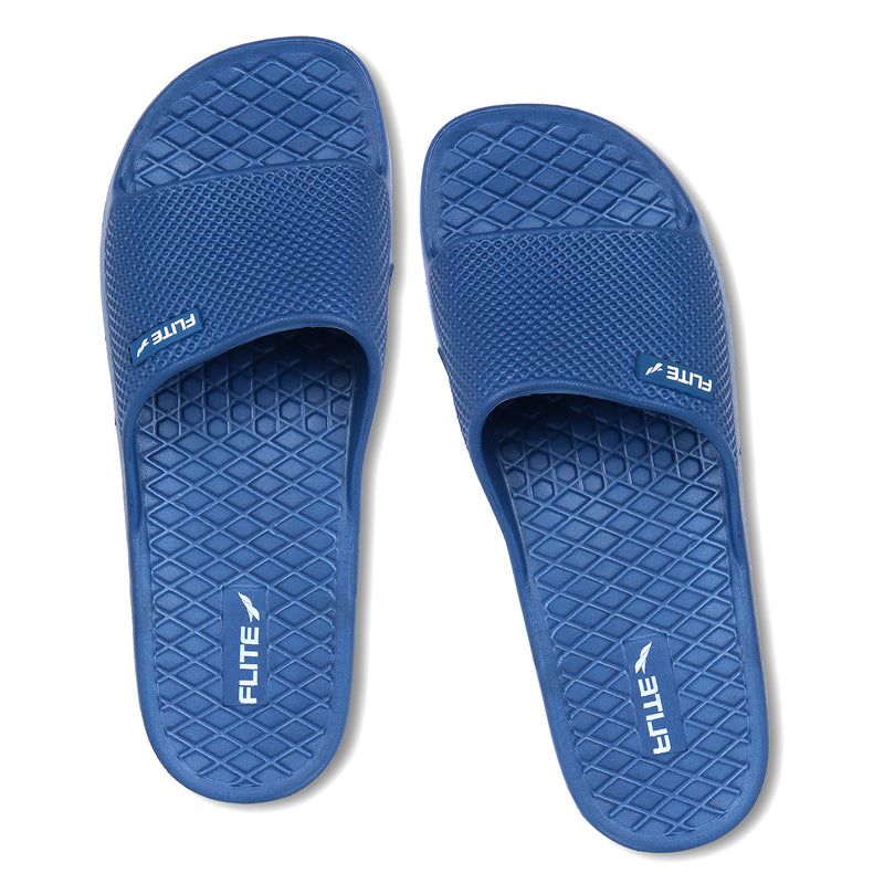 One by One flite slippers blue with white logo appear on it. The background is white which looks good and is helpful. 