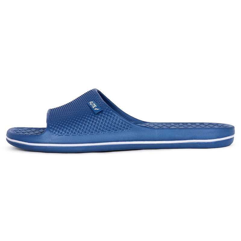 Side image of - One by One flite slippers blue with white logo appear on it. The background is white which looks good and is helpful. 