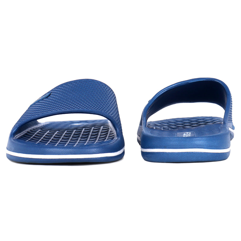 One on one up and down side Side image of - One by One flite slippers blue with white logo appear on it. 