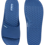 up and down image of blue slide for men slippers with white flite logo appear on it which is looks good to wear. 