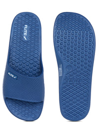 up and down image of blue slide for men slippers with white flite logo appear on it which is looks good to wear. 