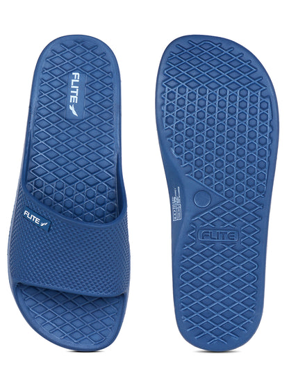 up and down image of blue slide for men slippers with white flite logo appear on it which is looks good to wear. 