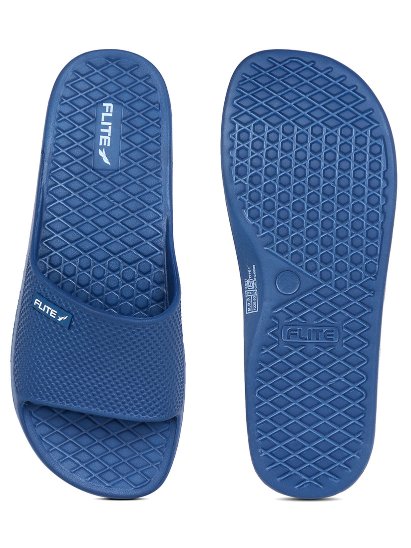 up and down image of blue slide for men slippers with white flite logo appear on it which is looks good to wear. 