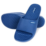 Blue slippers for men up and down with white flite logo available on above with white background with clear image and visibility. 