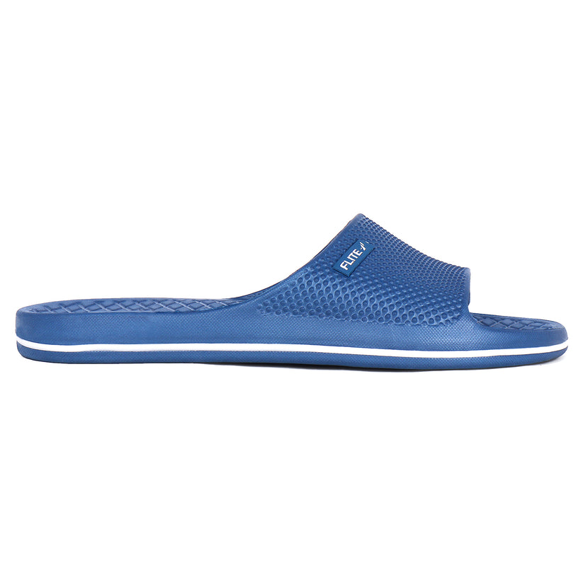 Side Blue slippers for men up and down with white flite logo available on above with white background with clear image and visibility. 