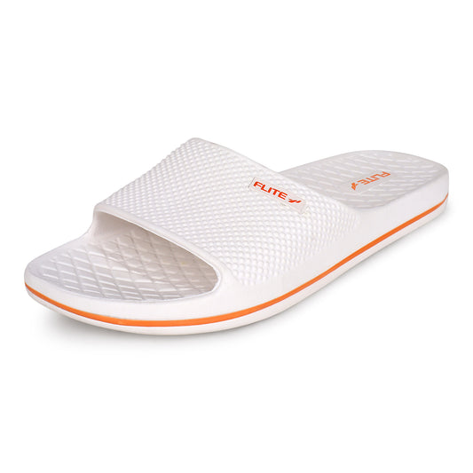 Image of Attractive, beautiful and comfortable white flite slide & slippers for men with orange colour flite logo and white background. 