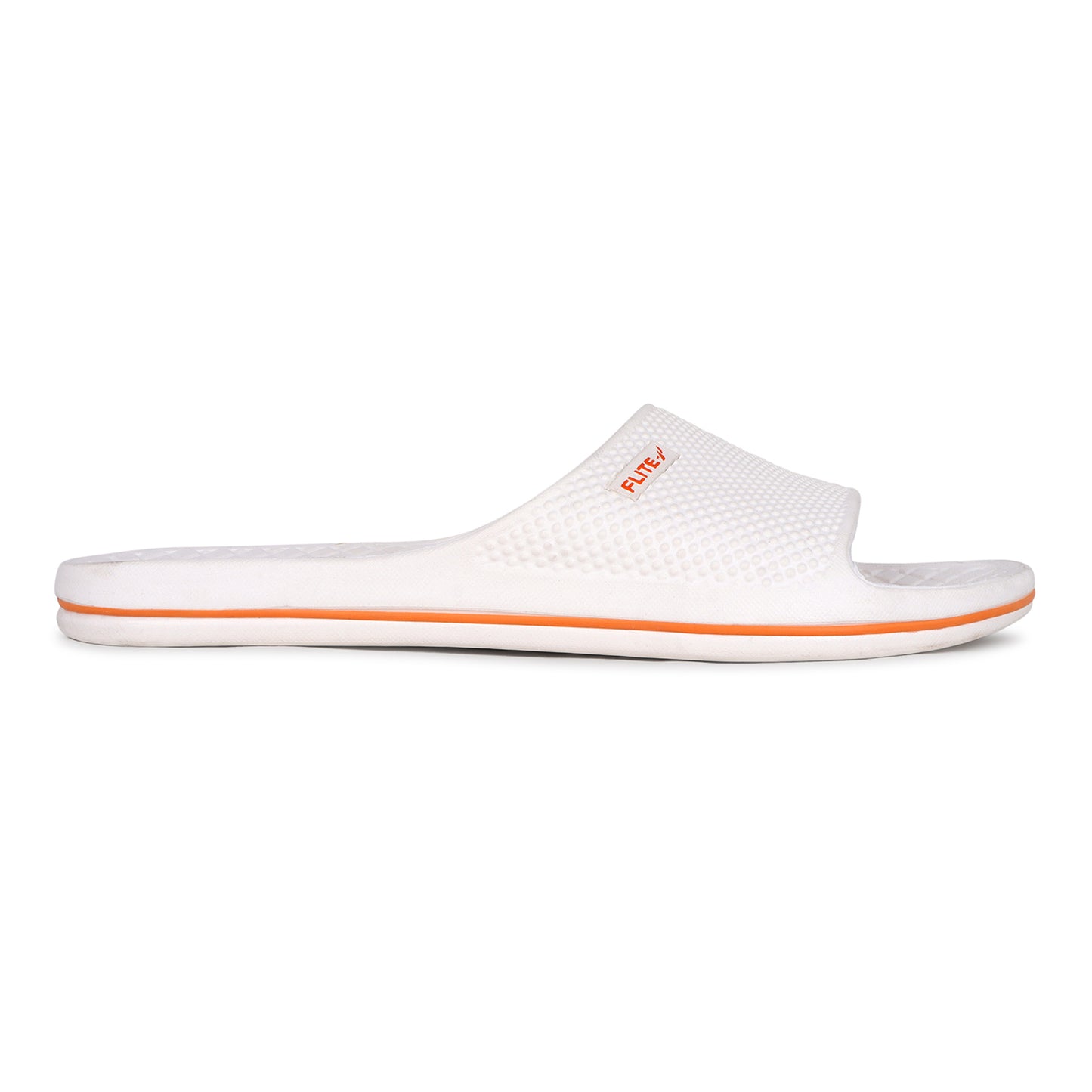 Zoom from right side Image of Attractive, beautiful and comfortable white flite slide & slippers for men with orange colour flite logo and white background. 