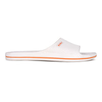 Zoom from right side Image of Attractive, beautiful and comfortable white flite slide & slippers for men with orange colour flite logo and white background. 