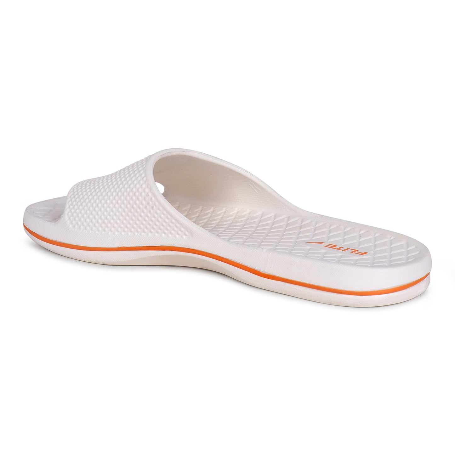 Zoom from flight right side Image of Attractive, beautiful and comfortable white flite slide & slippers for men with orange colour flite logo and white background. 