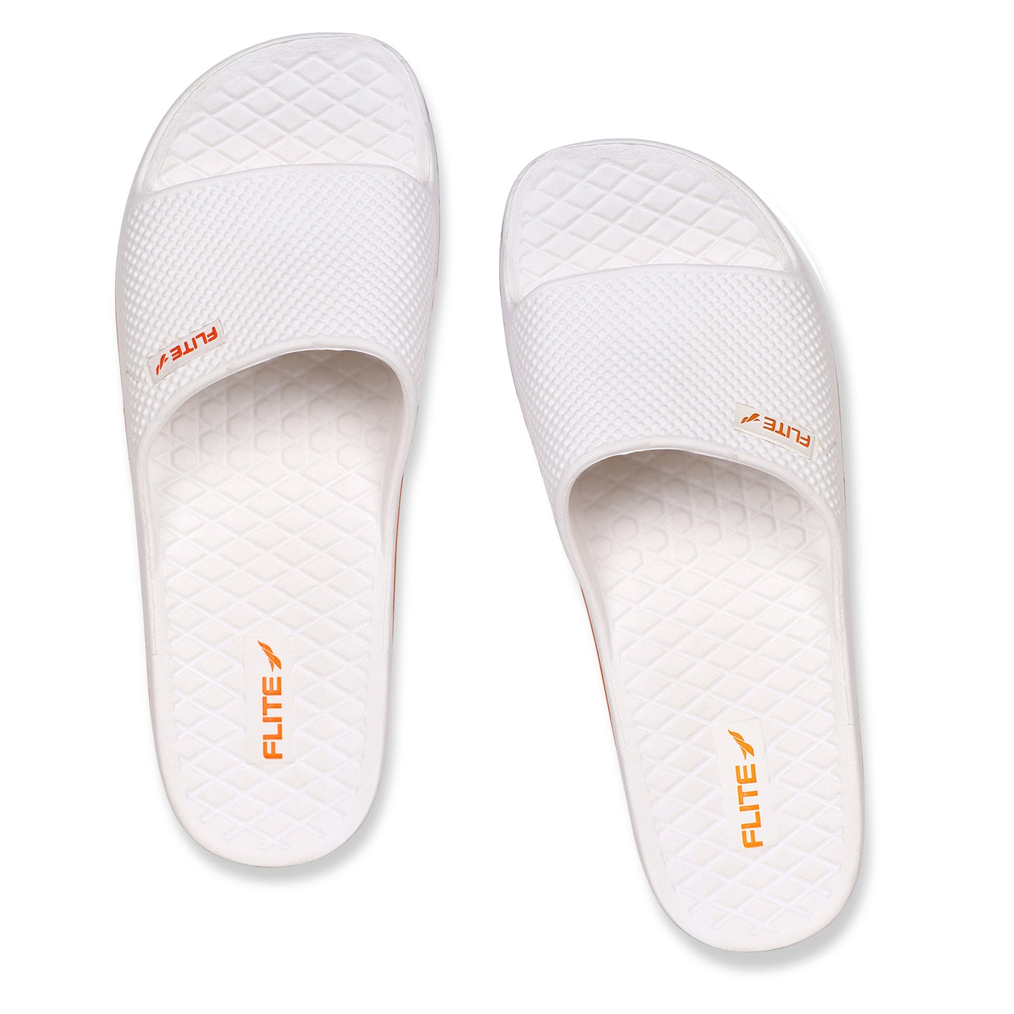 One on One Image of Attractive, beautiful and comfortable white flite slide & slippers for men with orange colour flite logo and white background. 