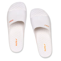 One on One Image of Attractive, beautiful and comfortable white flite slide & slippers for men with orange colour flite logo and white background. 
