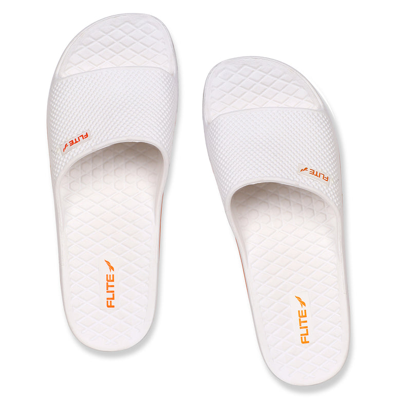 One on One Image of Attractive, beautiful and comfortable white flite slide & slippers for men with orange colour flite logo and white background. 