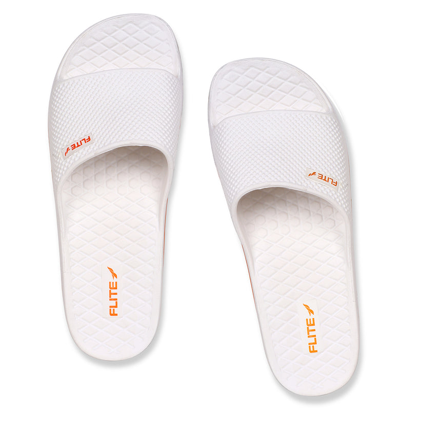 One on One Image of Attractive, beautiful and comfortable white flite slide & slippers for men with orange colour flite logo and white background. 