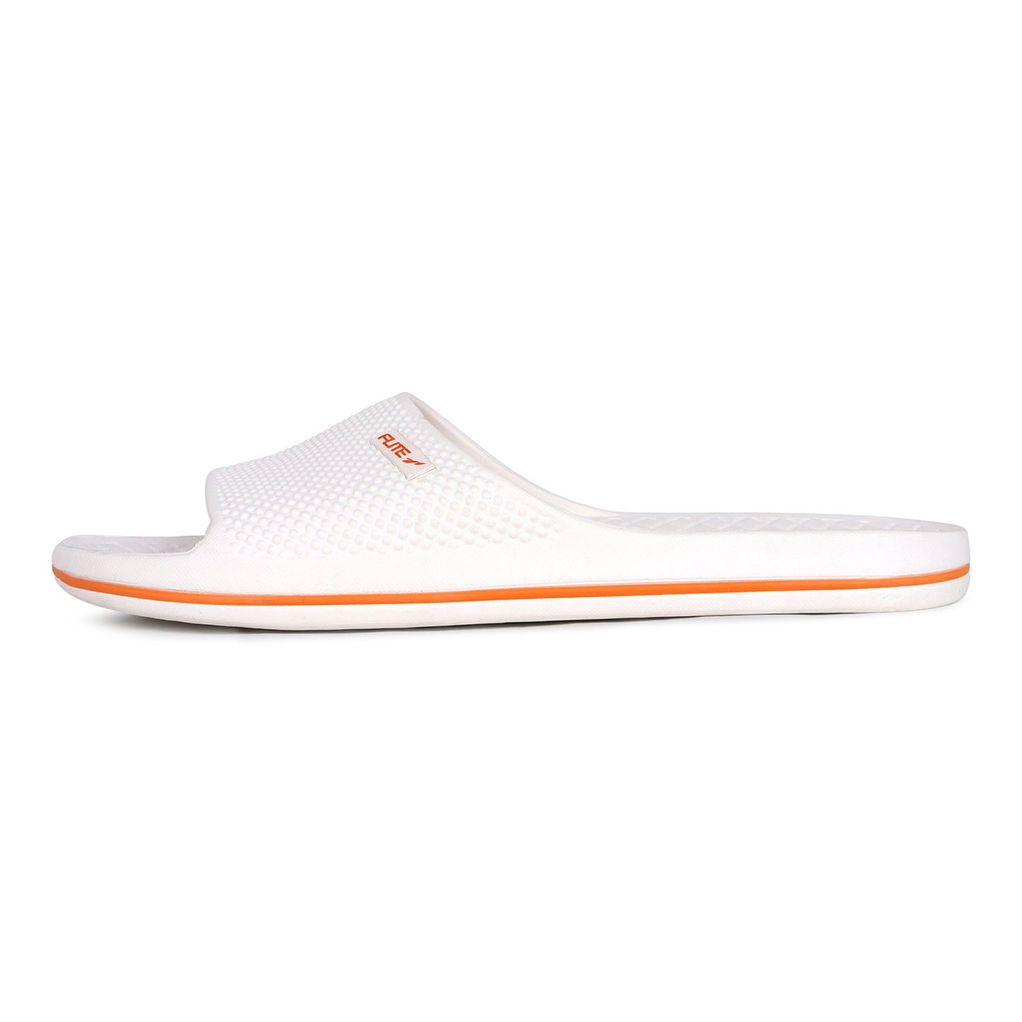 Left side zoom and sleek Image of Attractive, beautiful and comfortable white flite slide & slippers for men with orange colour flite logo and white background. 
