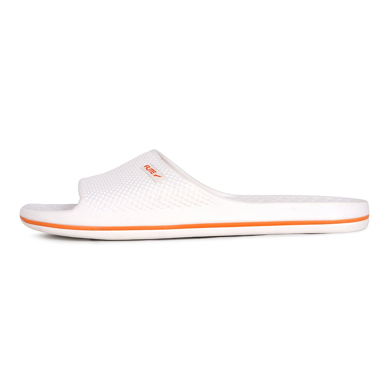 Left side zoom and sleek Image of Attractive, beautiful and comfortable white flite slide & slippers for men with orange colour flite logo and white background. 