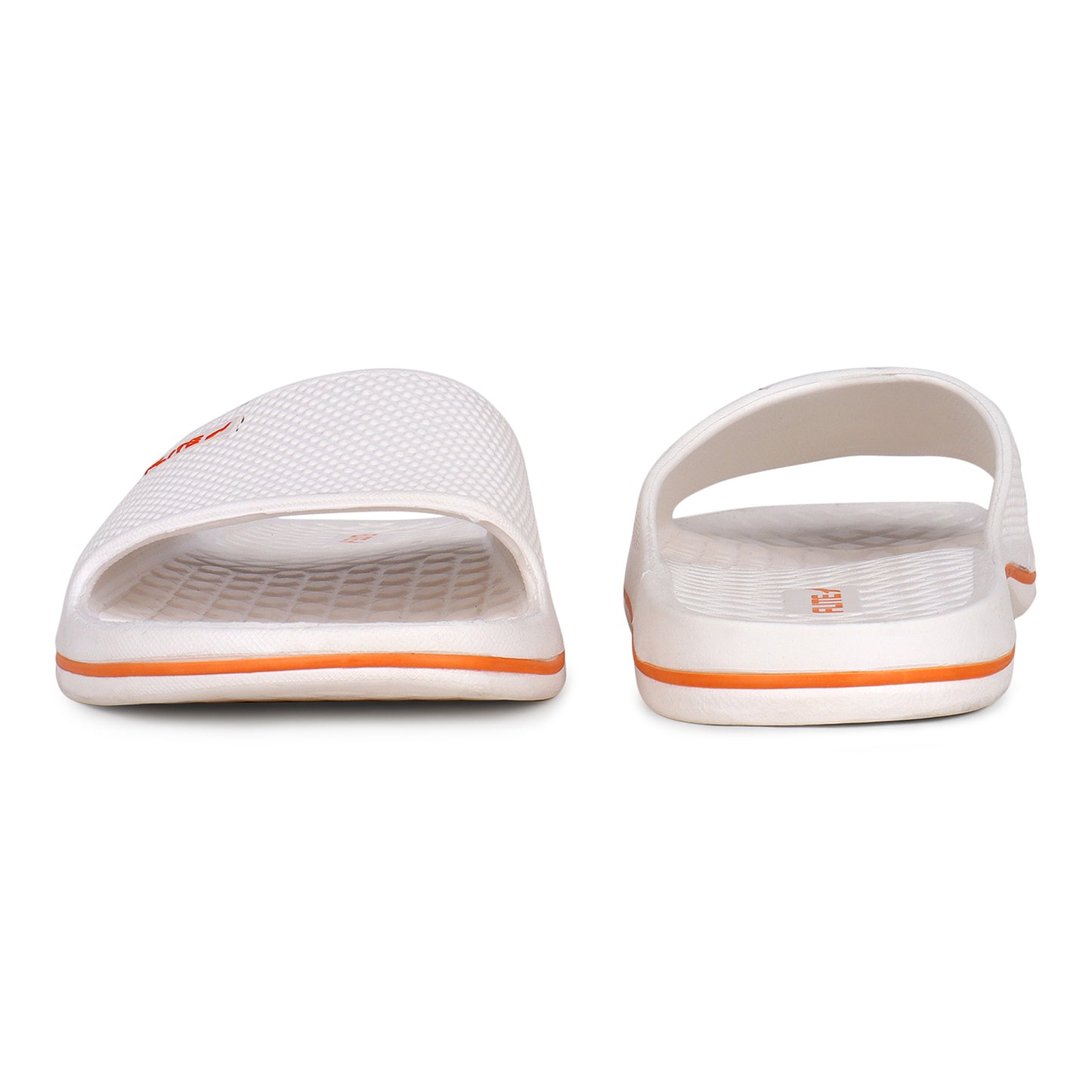 one by one front and back Image of Attractive, beautiful and comfortable white flite slide & slippers for men with orange colour flite logo and white background. 