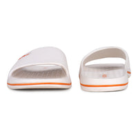 one by one front and back Image of Attractive, beautiful and comfortable white flite slide & slippers for men with orange colour flite logo and white background. 