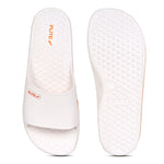 Flite side by side up and back Image of Attractive, beautiful and comfortable white flite slide & slippers for men with orange colour flite logo and white background. 