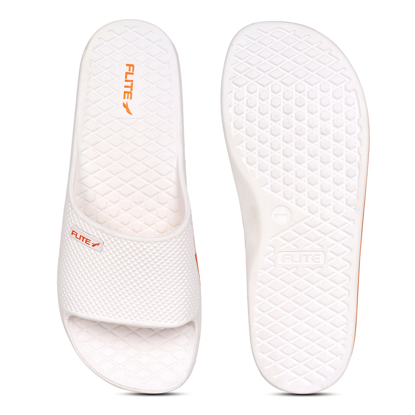 Flite side by side up and back Image of Attractive, beautiful and comfortable white flite slide & slippers for men with orange colour flite logo and white background. 