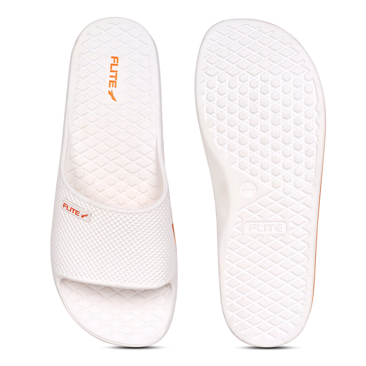 Flite side by side up and back Image of Attractive, beautiful and comfortable white flite slide & slippers for men with orange colour flite logo and white background. 