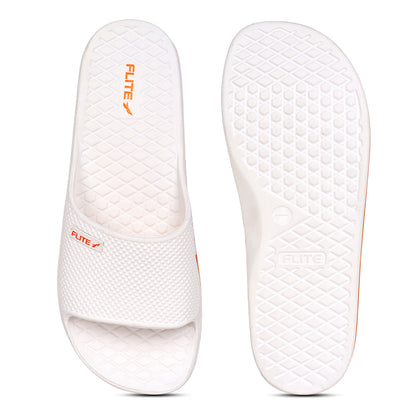 Flite side by side up and back Image of Attractive, beautiful and comfortable white flite slide & slippers for men with orange colour flite logo and white background. 