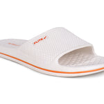 Zoom from right side Image of Attractive, beautiful and comfortable white flite slide & slippers for men with orange colour flite logo and white background. 
