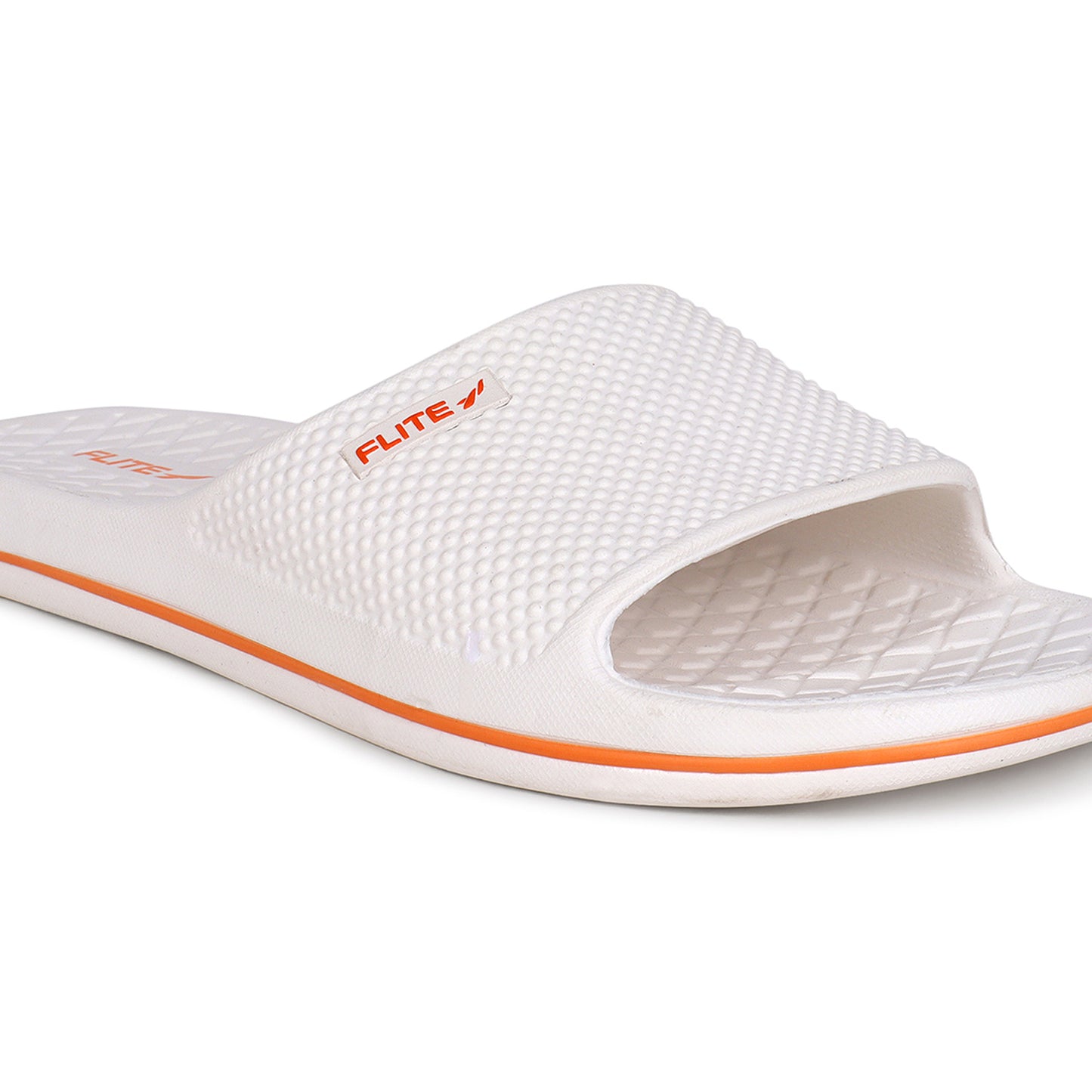 Zoom from right side Image of Attractive, beautiful and comfortable white flite slide & slippers for men with orange colour flite logo and white background. 