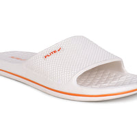 Zoom from right side Image of Attractive, beautiful and comfortable white flite slide & slippers for men with orange colour flite logo and white background. 