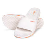One over one zoom with 1st showing bottom Image of Attractive, beautiful and comfortable white flite slide & slippers for men with orange colour flite logo and white background. 