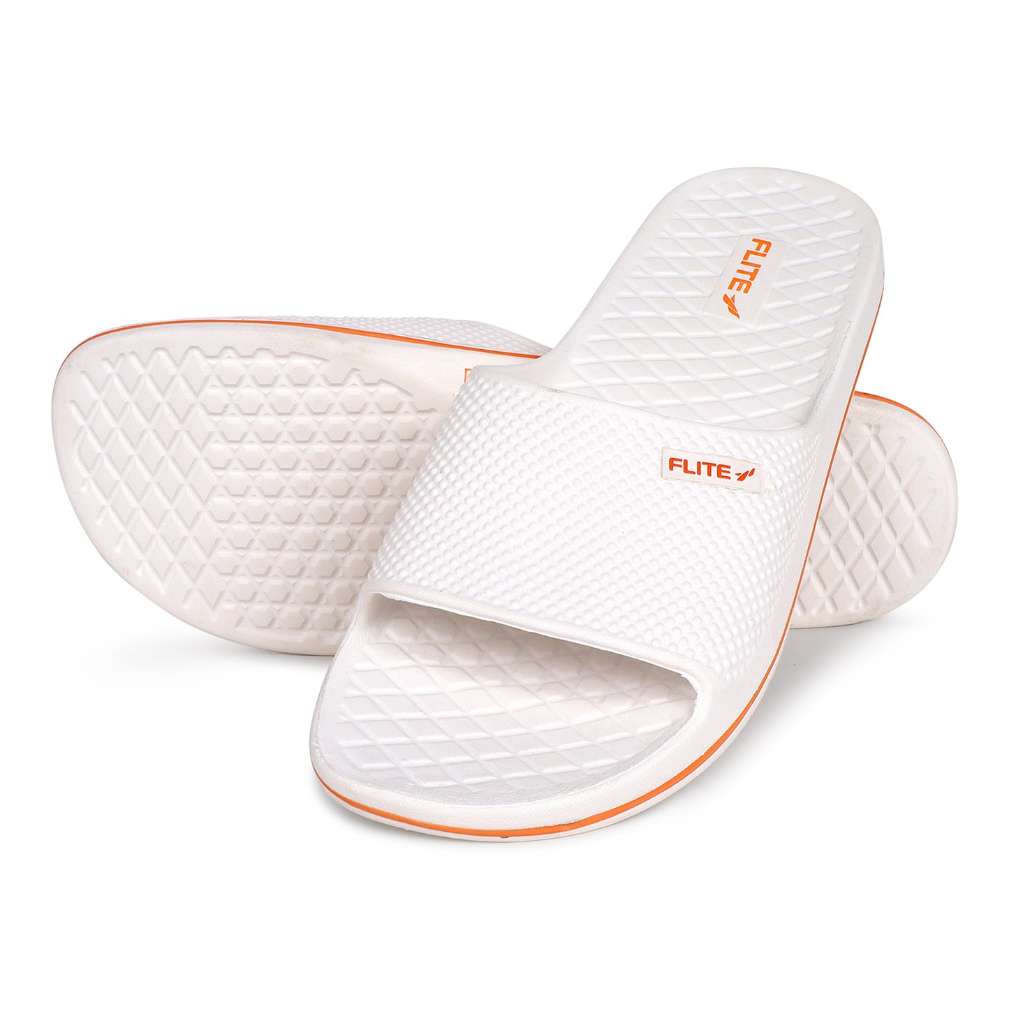 One over one zoom with 1st showing bottom Image of Attractive, beautiful and comfortable white flite slide & slippers for men with orange colour flite logo and white background. 
