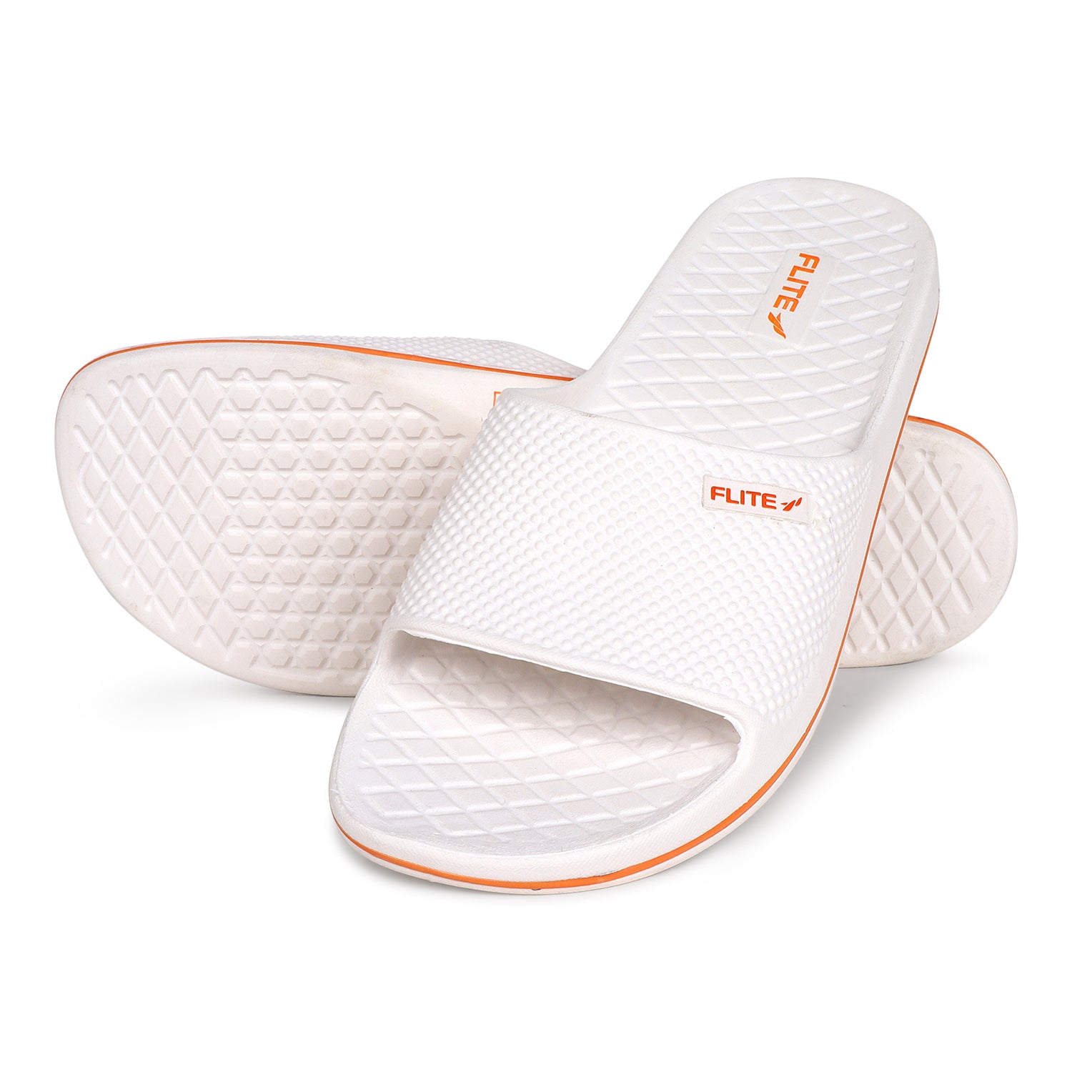 One over one zoom with 1st showing bottom Image of Attractive, beautiful and comfortable white flite slide & slippers for men with orange colour flite logo and white background. 