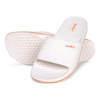 One over one zoom with 1st showing bottom Image of Attractive, beautiful and comfortable white flite slide & slippers for men with orange colour flite logo and white background. 
