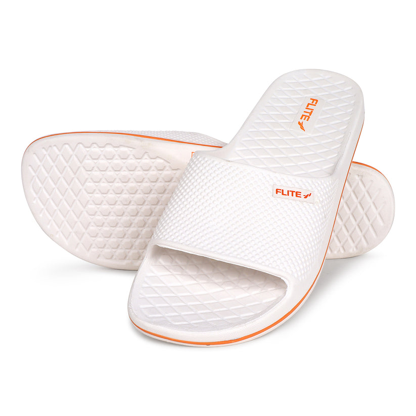 One over one zoom with 1st showing bottom Image of Attractive, beautiful and comfortable white flite slide & slippers for men with orange colour flite logo and white background. 