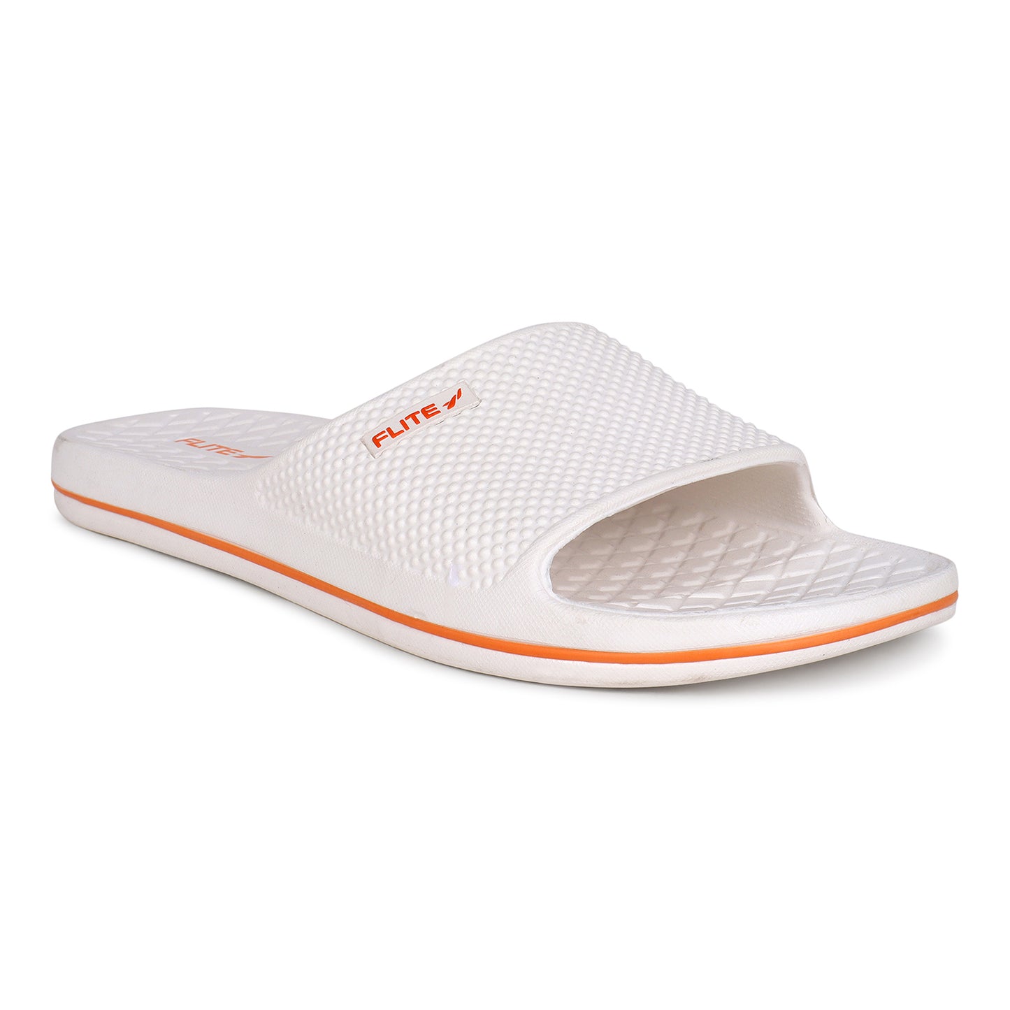 Zoom from right side Image of Attractive, beautiful and comfortable white flite slide & slippers for men with orange colour flite logo and white background. 