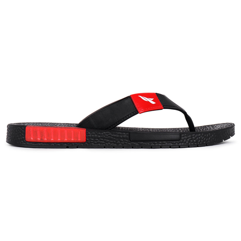Black slippers for men available with red logo appear on it. Side sticker is of red also and it is very affordable to wear and also comfortable. 