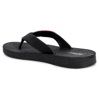 Black slippers for men available with red logo appear on it. Side sticker is of red also and it is very affordable to wear and also comfortable.  Side image from back