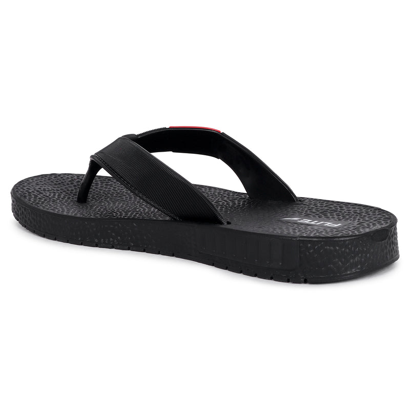 Black slippers for men available with red logo appear on it. Side sticker is of red also and it is very affordable to wear and also comfortable.  Side image from back