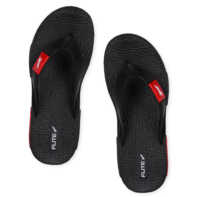 One on one pair of image of flite black slippers with red logo visible on the strip. The product is good for everyday use. 