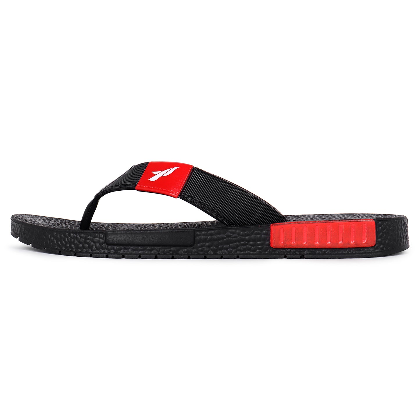 One on one pair of image of flite black slippers with red logo visible on the strip. The product is good for everyday use.  Side image is looks good.