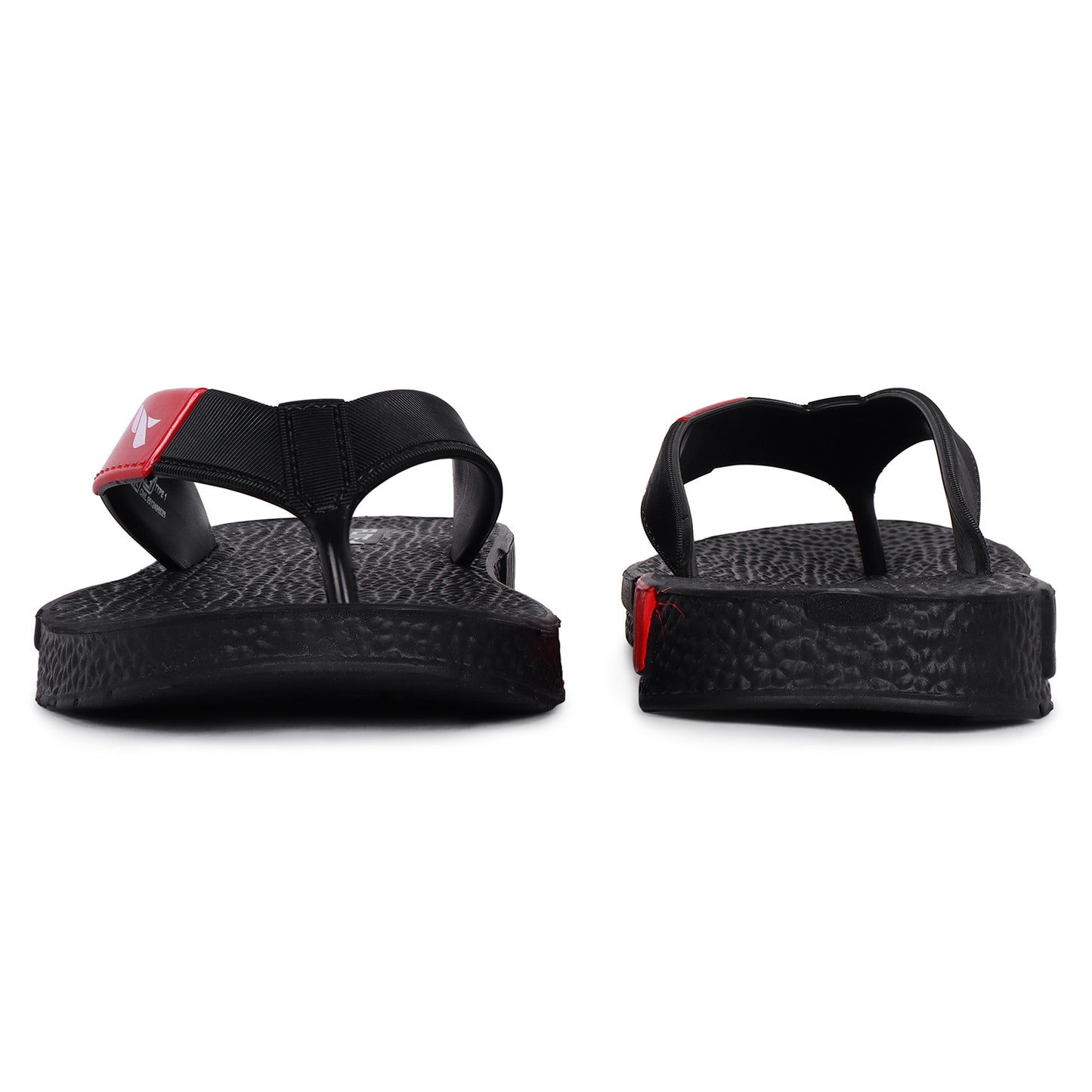 black sandal with red logo appear on it. 