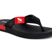 Black slippers for men with red logo side image. 